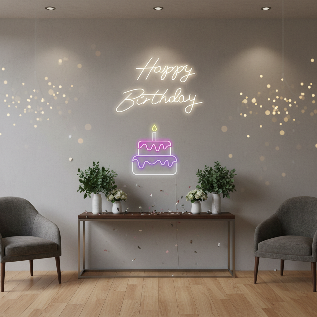 Happy Birthday And Cake Neon Sign
