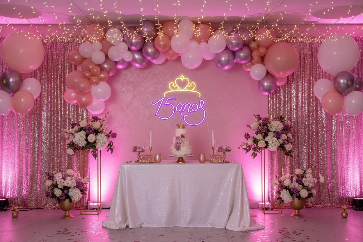 Decoración de neón para fiesta de cumpleaños número 15