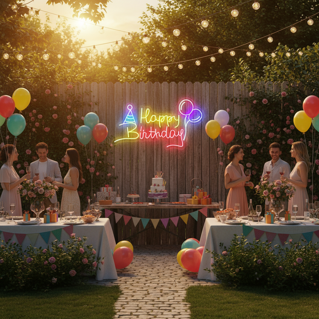 Hat And Balloons Neon Light For Birthday Party