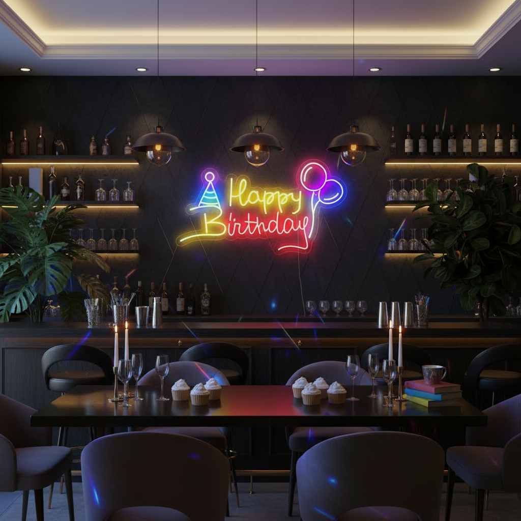 Hat And Balloons Neon Light For Birthday Party